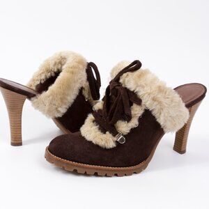 Gianni Bini Brown Suede Rugged Sole Slip-on Heels with Furry Cuffs - Size 6